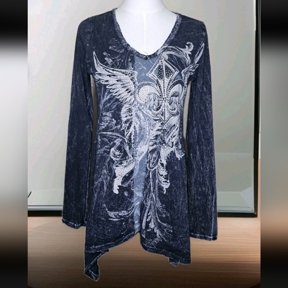 VOCAL WOMENS Crystal Boho Black mineral Dye FLORAL BLING SHIRT Size L